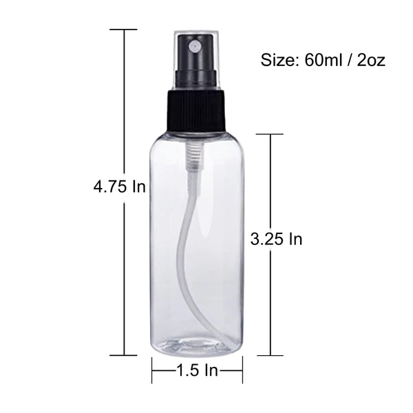 100 Pack 2 oz (60 ml) Clear PET Plastic Spray Bottles with Cap