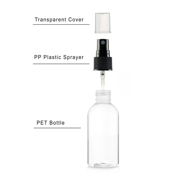 100 Pack 2 oz (60 ml) Clear PET Plastic Spray Bottles with Cap