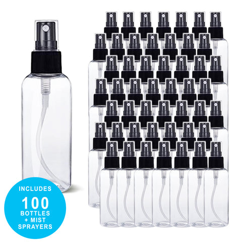 100 Pack 2 oz (60 ml) Clear PET Plastic Spray Bottles with Cap