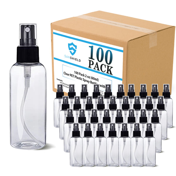 100 Pack 2 oz (60 ml) Clear PET Plastic Spray Bottles with Cap